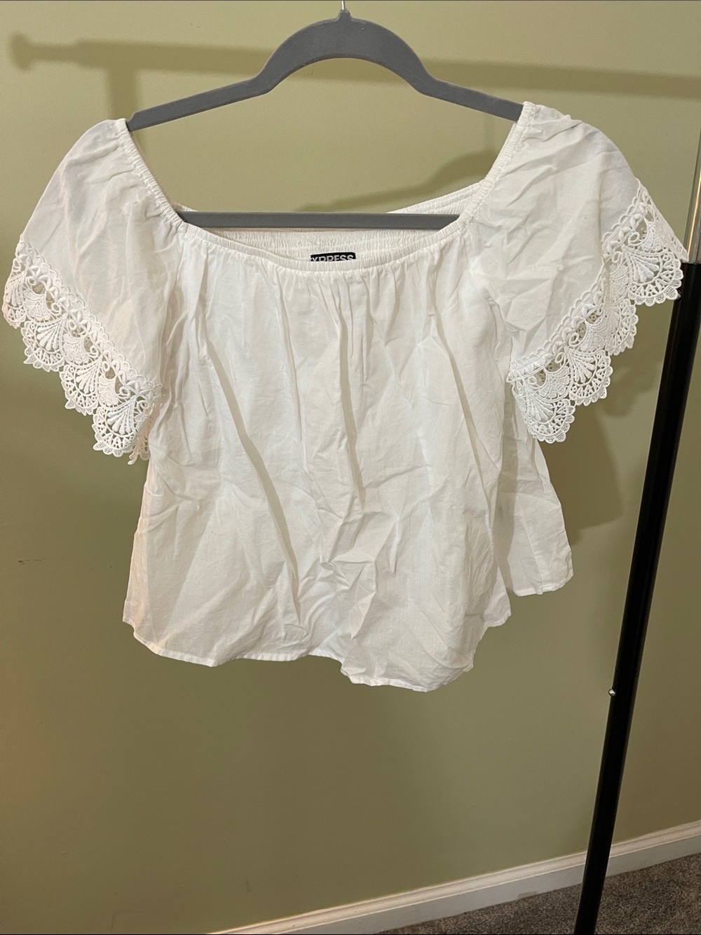 Express White Off-the-Shoulder Crochet Sleeve Blouse